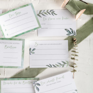 Fragekarten zum Ausfüllen DIY Gästebuch Greenery